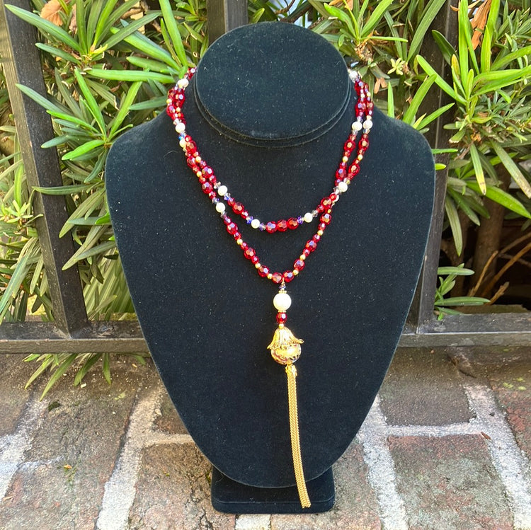 Gold & Ruby Cloisonne Tassel Necklace